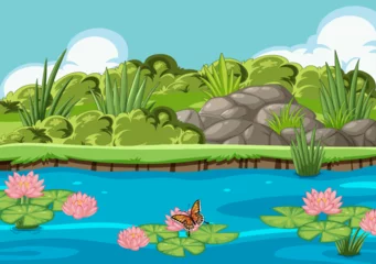 Photo sur Plexiglas Enfants Vector illustration of a peaceful pond scene with flora and fauna.