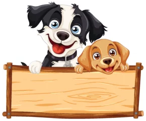 Photo sur Plexiglas Enfants Two cartoon dogs holding a blank wooden sign.