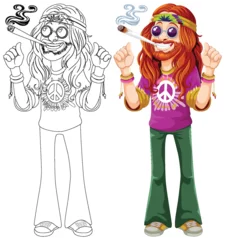 Photo sur Plexiglas Enfants Colorful, cheerful hippie with peace symbols and joint.
