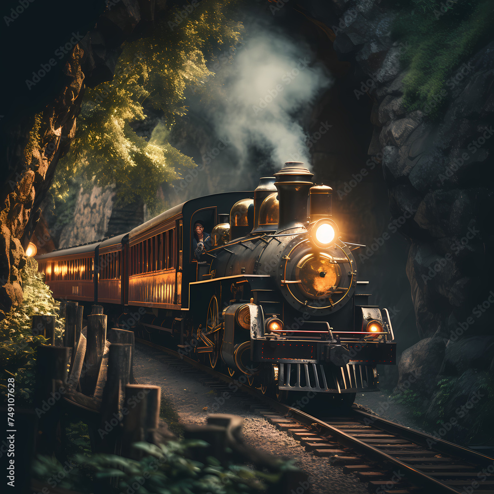 Canvas Prints a vintage train traveling through a tunnel.