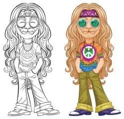 Photo sur Plexiglas Enfants Colorful and outlined hippie character with peace symbols.