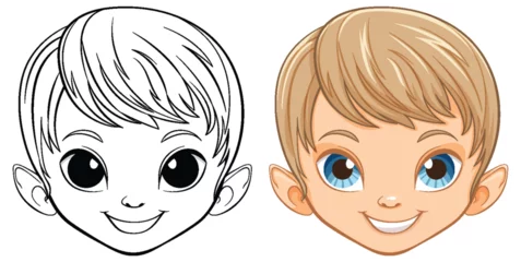 Photo sur Plexiglas Enfants Cartoon boy's face, black and white and colored versions.