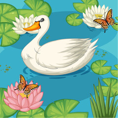 Obraz premium Vector illustration of swan with butterflies and lilies.