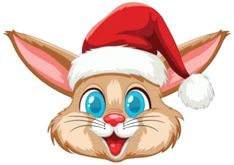 Photo sur Plexiglas Enfants Cute rabbit wearing a Christmas hat, smiling joyfully.