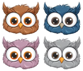 Photo sur Plexiglas Enfants Four cute, colorful owl illustrations with big eyes.