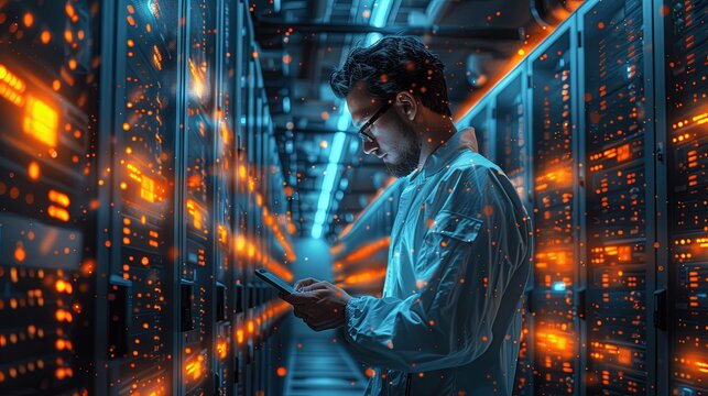 A man using tablet in the corridor of supercomputer data center