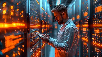 A man using tablet in the corridor of supercomputer data center