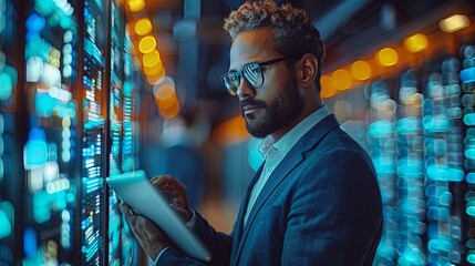 A man using tablet in the corridor of supercomputer data center