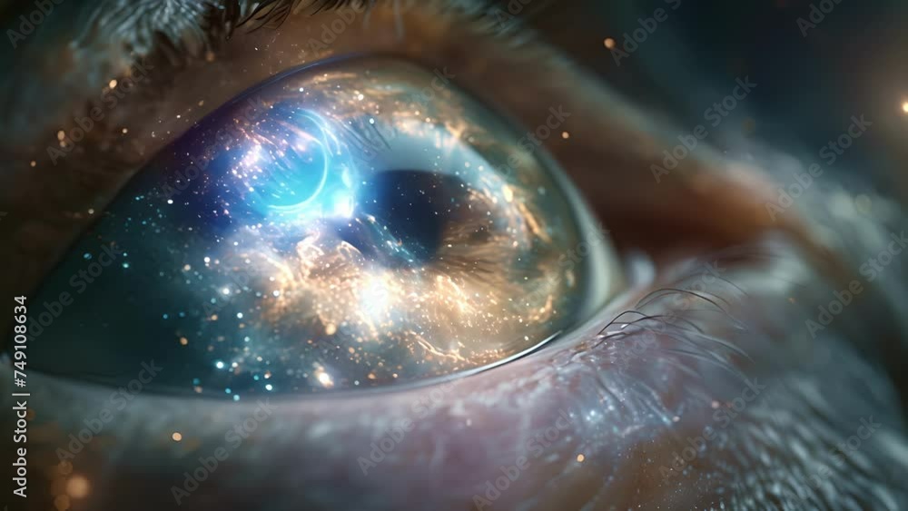 Poster against a backdrop of endless stars and galaxies a team of marketers use holographic projections to 