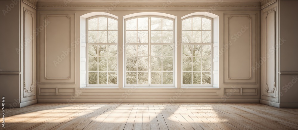 Poster an empty room with large windows and wooden floors is illuminated by natural light, showcasing a min