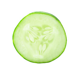 Top view of single fresh cucumber slice or piece isolated with clipping path in png file format