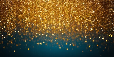 Blue and gold abstract festive glitter digital art wallpaper background. Holiday and party concept with shiny sparkles and a magical glow.