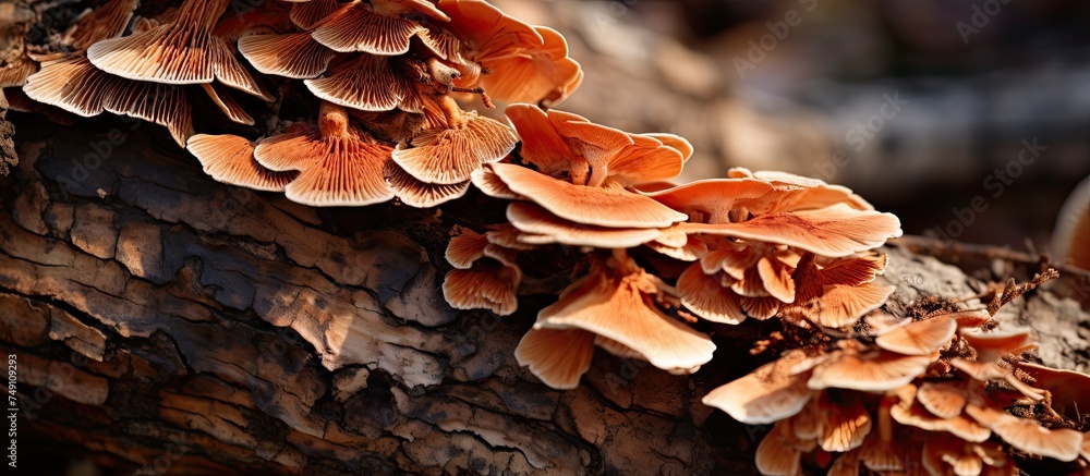 Poster a cluster of various mushrooms are seen growing on a tree branch, showcasing the symbiotic relations