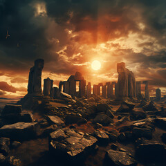 Ancient ruins against a dramatic sky. 