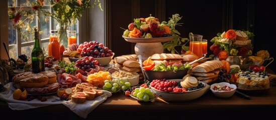 Fototapeta premium A table overflowing with an assortment of snacks, sandwiches, and dishes, all meticulously arranged for a festive occasion. The spread includes a diverse selection of savory and sweet items, creating