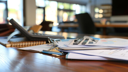 Business documents and calculator on desk in office, financial records audit concept, business statistics audit