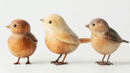 Hand made craft: A close-up and side view, a collection of three cute wooden birds standing, isolated on white background, with nature and soft studio lighting...