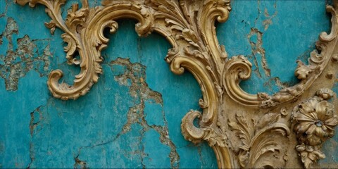 Blue, teal and gold texture of decayed, teared, weathered stone, wall. Rococo elements on decayed, grunge, textured wallpaper.