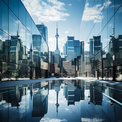 City skyline reflected in the glass facade of a modern building.