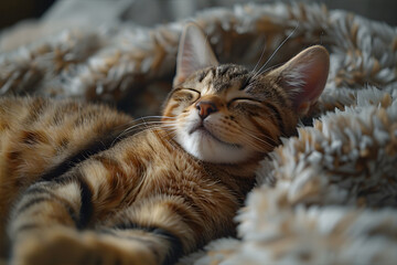 Sleeping tabby kitty on the blanket. Sleep Awareness Week concept. Weekend and relaxing concept.