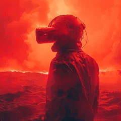 Foto op Plexiglas Virtual Descent A user experiencing the blistering landscapes of a virtual hell their VR headset glowing ominously against a stark minimalist background © BoOm