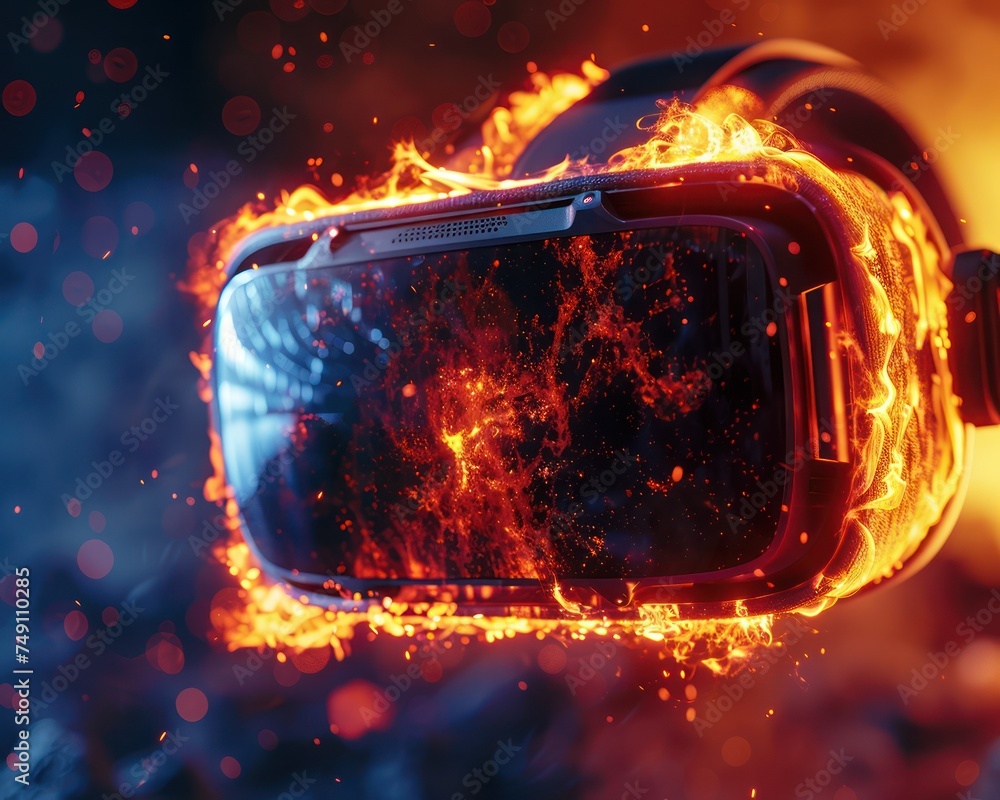 Poster close up of a vr headset displaying the inferno dynamic dimensions style minimalist capturing the es