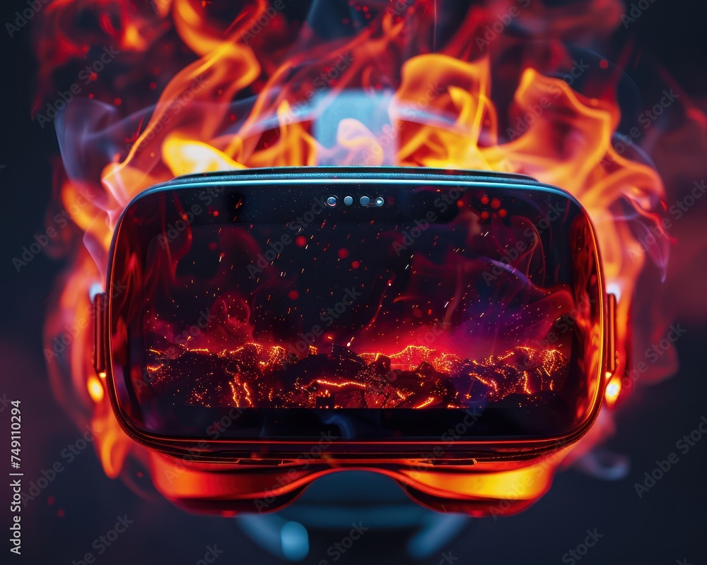 Poster close up of a vr headset displaying the inferno dynamic dimensions style minimalist capturing the es