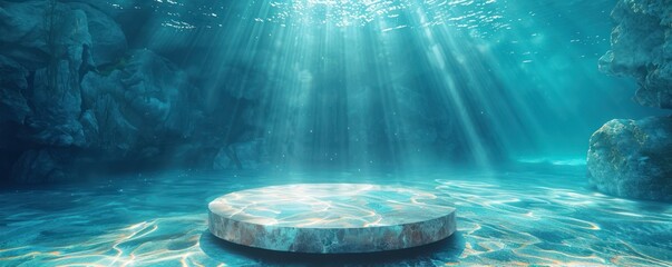 Aquatic Adventures Sale A pedestal against an underwater background highlighting swimwear and gear on sale minimalist 3D rendering with light rays filtering through water - obrazy, fototapety, plakaty