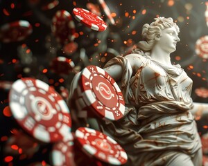 Casino chips and a Greek statue caught in a whirlwind minimalist Dynamic Dimensions the turmoil of luck and destiny