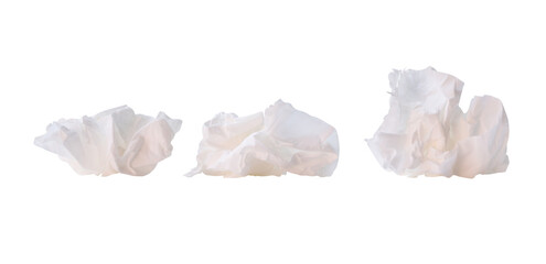 Front view set of crumpled tissue paper balls after use in toilet or restroom isolated with...
