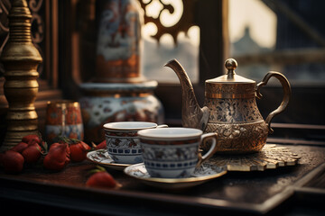 Obraz na płótnie Canvas Golden Hour Tea Time: An Elegant Still Life