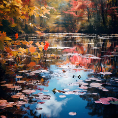 Colorful autumn foliage reflected in a pond. 