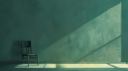 A solitary chair in a sparse room with a stark beam of light creating shadows,ai generated