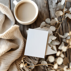 Obraz na płótnie Canvas Elegant invitation or greeting card mockup flat lay minimalist and a hot mug of coffee neutral tones with beautifully decorated creating a cozy and romantic morning coffee scene. Generative AI