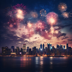 Colorful fireworks display over a city. 