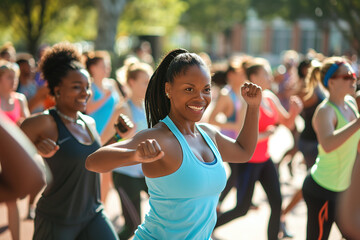 Smiling woman enjoying a lively Zumba workout in a large group setting outdoors