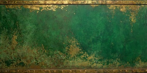 Distressed painted antique wall in green, pine green and gold texture. Beautiful distressed, weathered, luxury vintage aged metal surface. Ancient, decayed, vintage texture parchment, background.