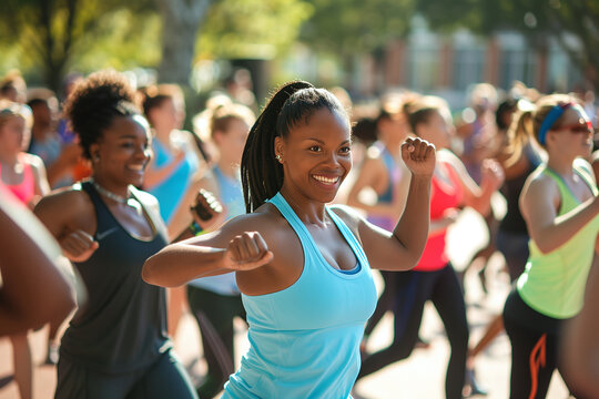 Smiling woman enjoying a lively Zumba workout in a large group setting outdoors - Powered by Adobe