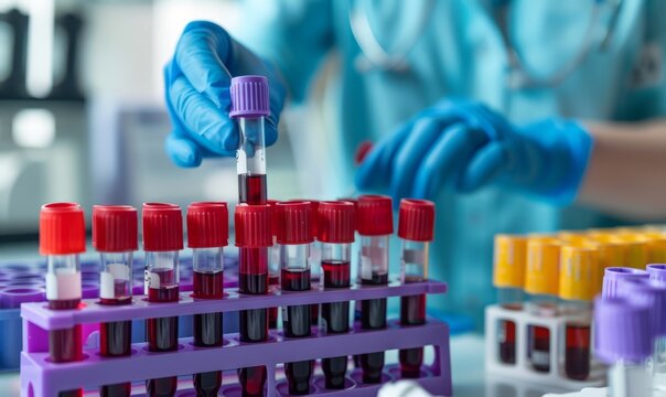 a close-up view of a laboratory setting where a healthcare professional, wearing blue gloves, is handling test tubes filled with blood samples. 