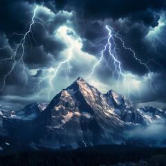 Dramatic lightning storm over a mountain range.