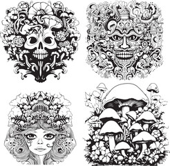 Detailed line art featuring skull, mushroom, and psychedelic theme. Unique and captivating. Generative AI
