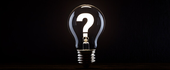 A white question mark isolated in a light bulb. One light bulb on a black background. An empty dark space.