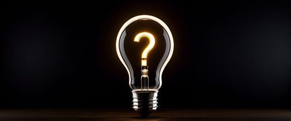 A yellow glowing question mark is isolated in a transparent light bulb. A light bulb that lights up a dark space.