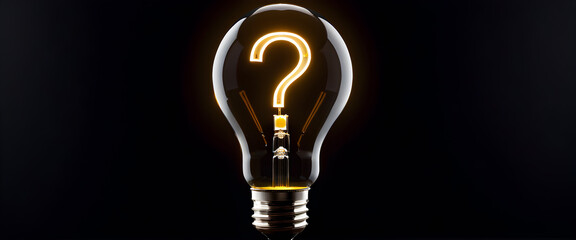 Close up of a transparent light bulb. A yellow glowing question mark is isolated inside a light bulb. In a dark black space.