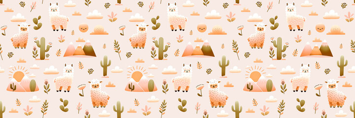 Cute Alpacas Seamless Pattern with llama, mountain, cloud, sun and cactuses - Andean Nature Elements Colorful Illustration - obrazy, fototapety, plakaty