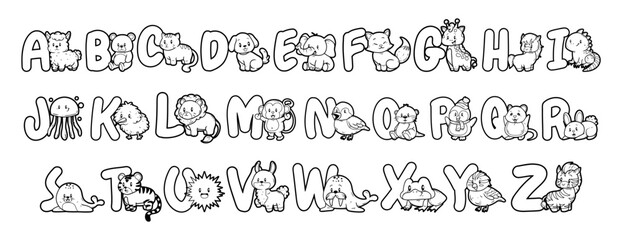 Alphabet animal element outline sketch vector illustration set