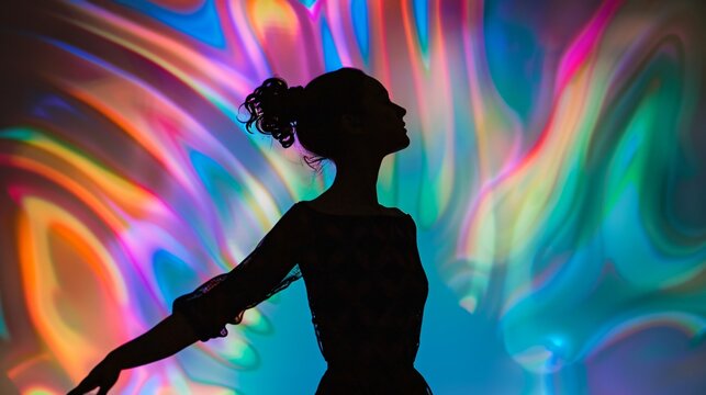 A silhouette against a backdrop of UV neon a dancers movements painting the air with color