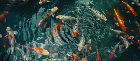 Fototapeta na wymiar A group of koi fishes swim closely together in a fish farm pond. The colorful fish move gracefully through the water, creating a mesmerizing sight.