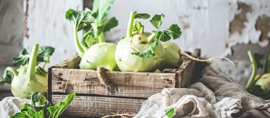 A wooden crate filled with just picked kohlrabi with leaves is placed on top of a table against a white backdrop.