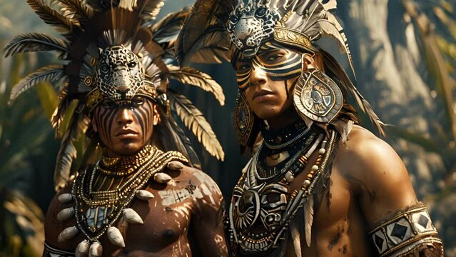 Two Aztec warriors one adorned with an eagle headdress and the other with a jaguar stand side by side in a show of strength and unity.